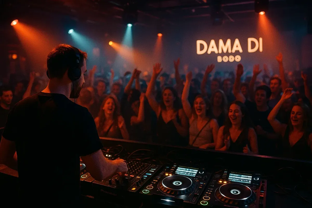 Inside Dama Di nightclub in Bodø, colorful lights, DJ booth, and people dancing