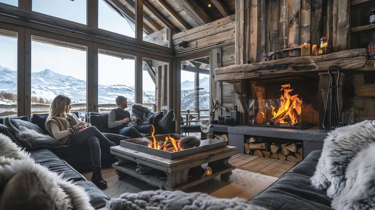 A couple relaxes in a cozy living room with a fireplace and panoramic views of snow-covered mountains.