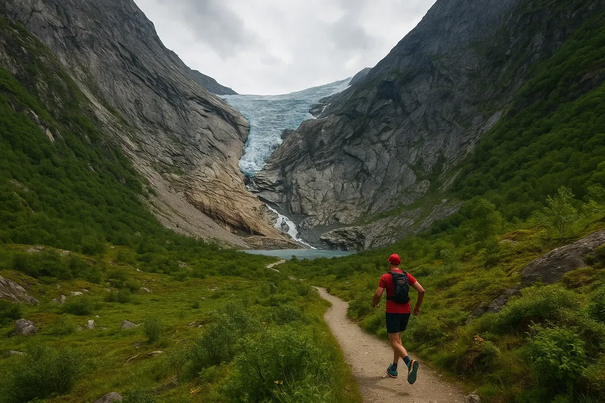 Athlete running towards dramatic blue ice of Briksdal glacier with rocky mountains around