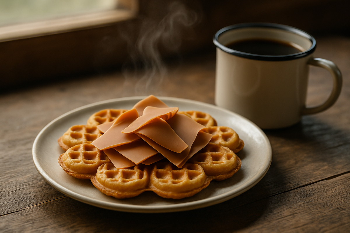 Warm Norwegian heart-shaped waffle topped with brunost shavings and black coffee.