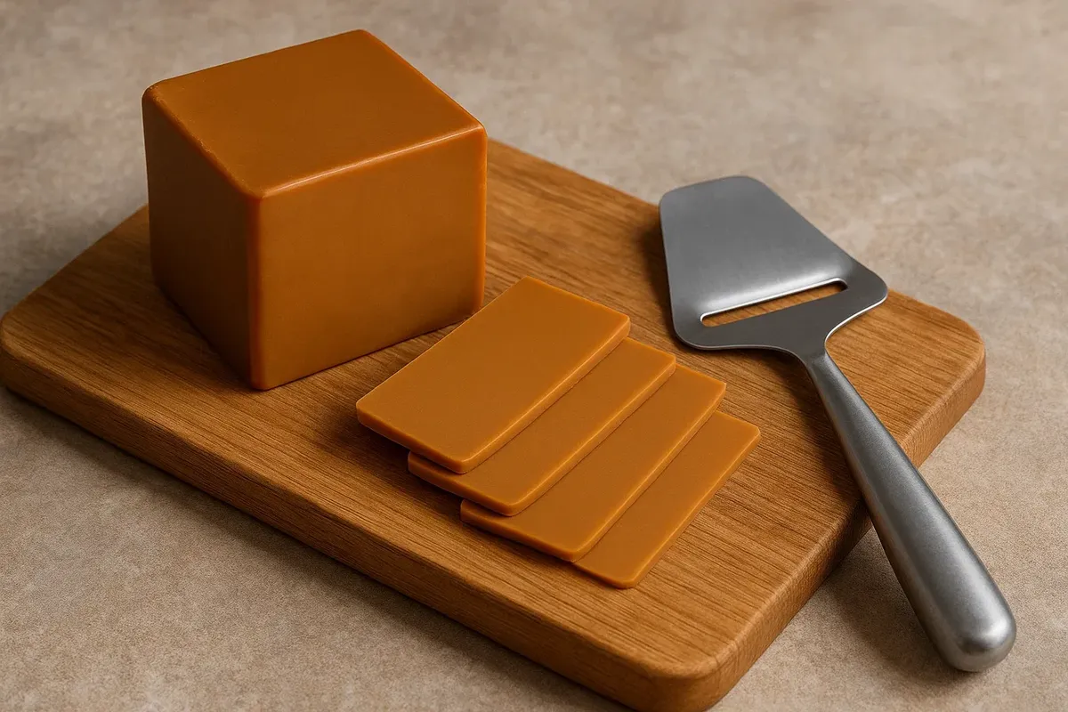 A block of Norwegian brown cheese (Brunost) with thin slices and a traditional cheese slicer on a wooden board.