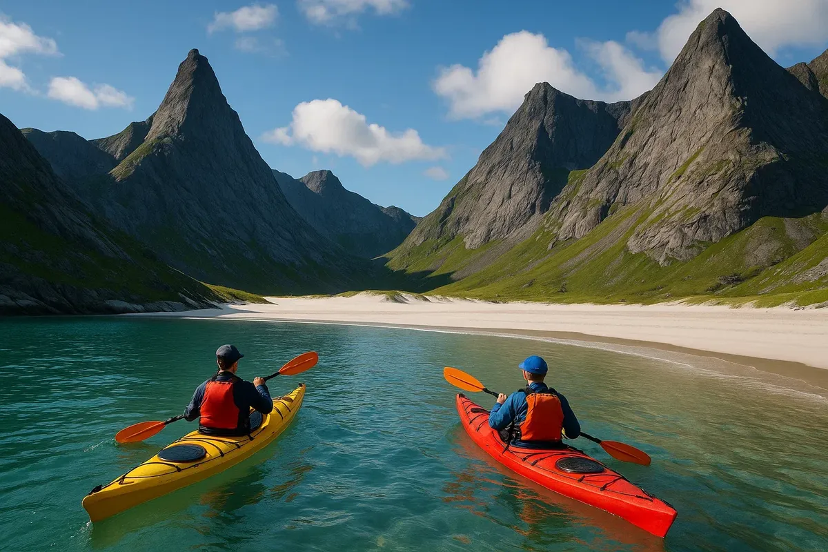 Kayakers approaching Bunes Beach with white sand and dramatic peaks