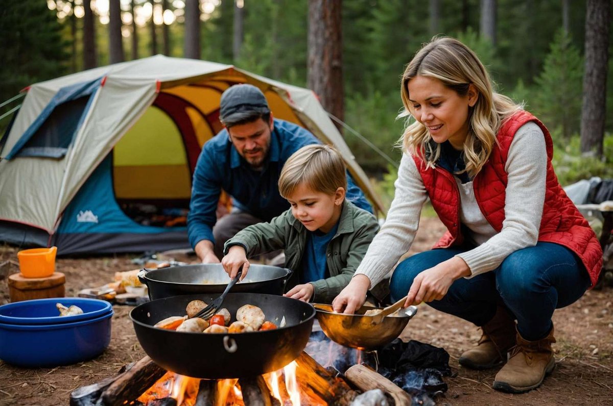 A family is cooking over a campfire next to a tent at a forest campsite.
