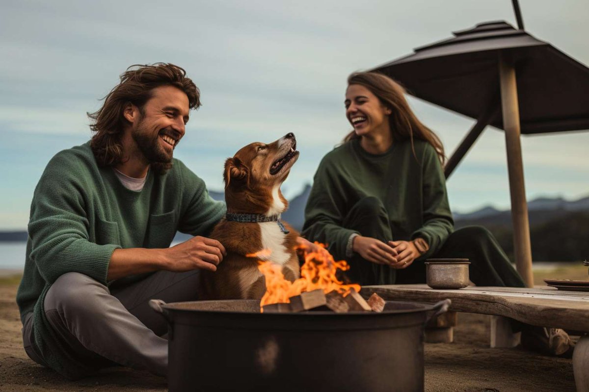 A man and woman with a dog sit by a campfire at a campsite in Norway.