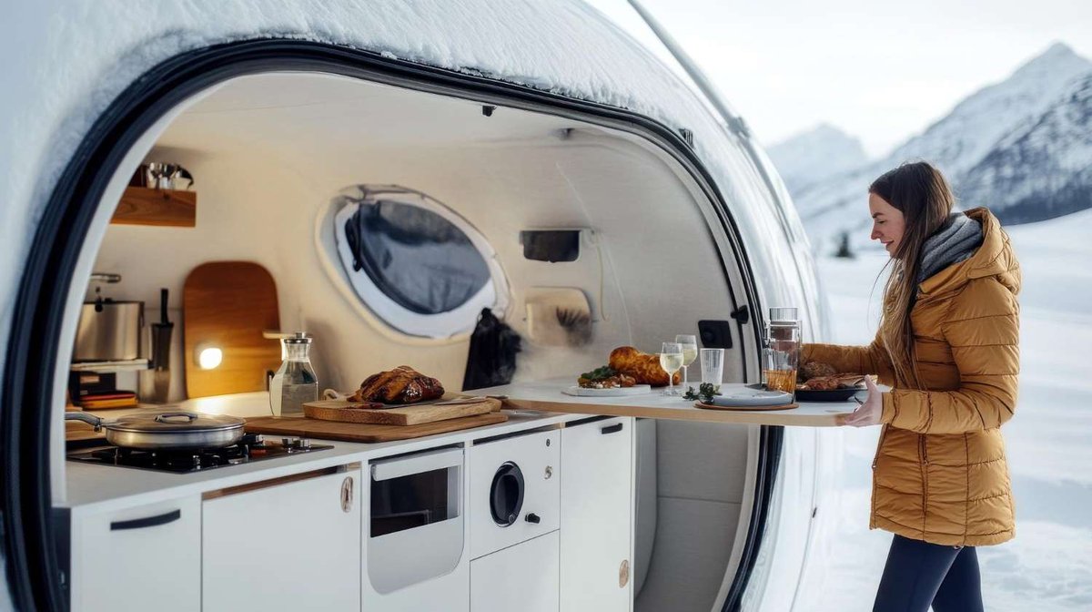 A woman prepares lunch at a camper with a built-in kitchen in snowy Norwegian mountains.