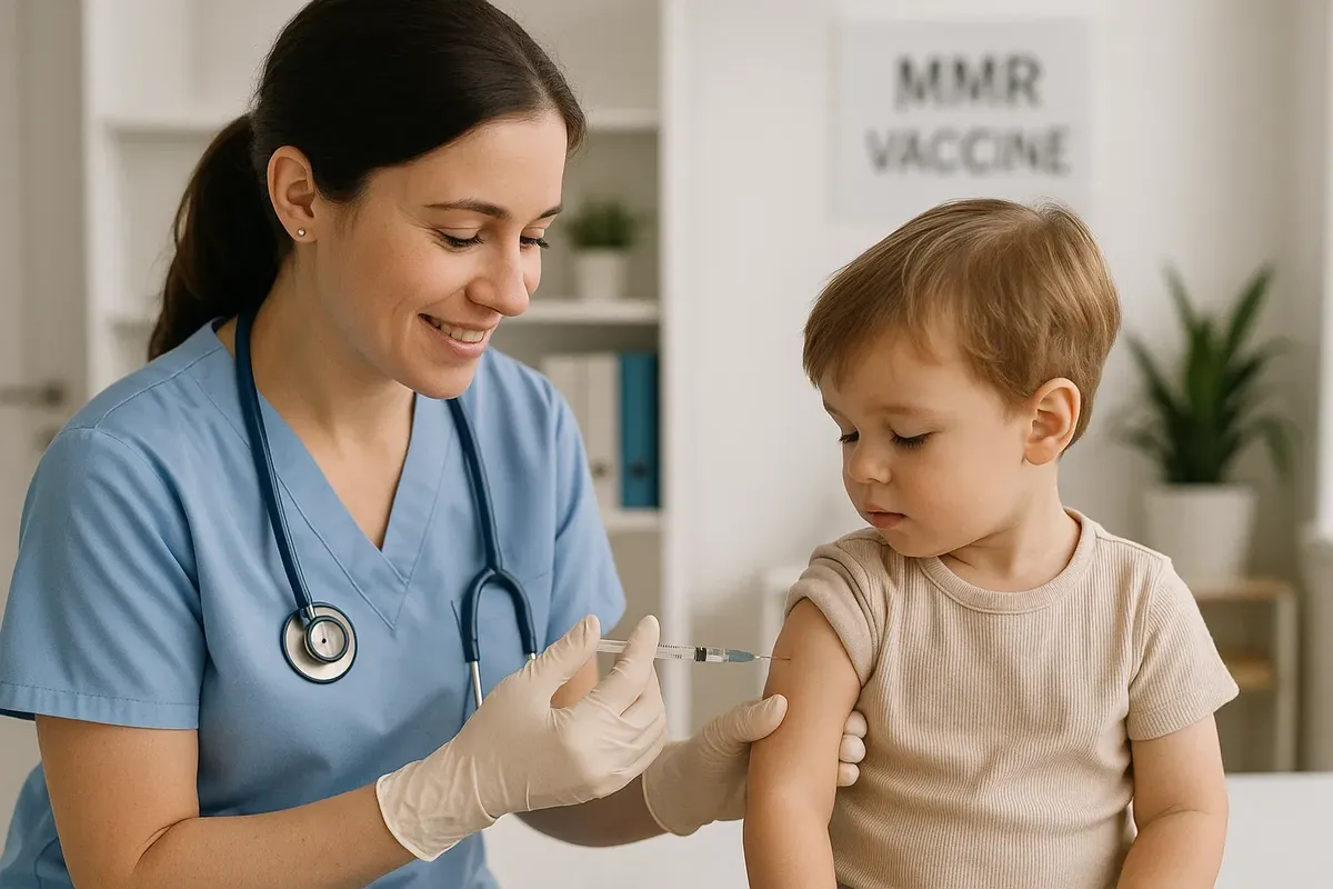 A nurse in Norway administering an MMR vaccine to a small child in a bright, clean clinic setting.