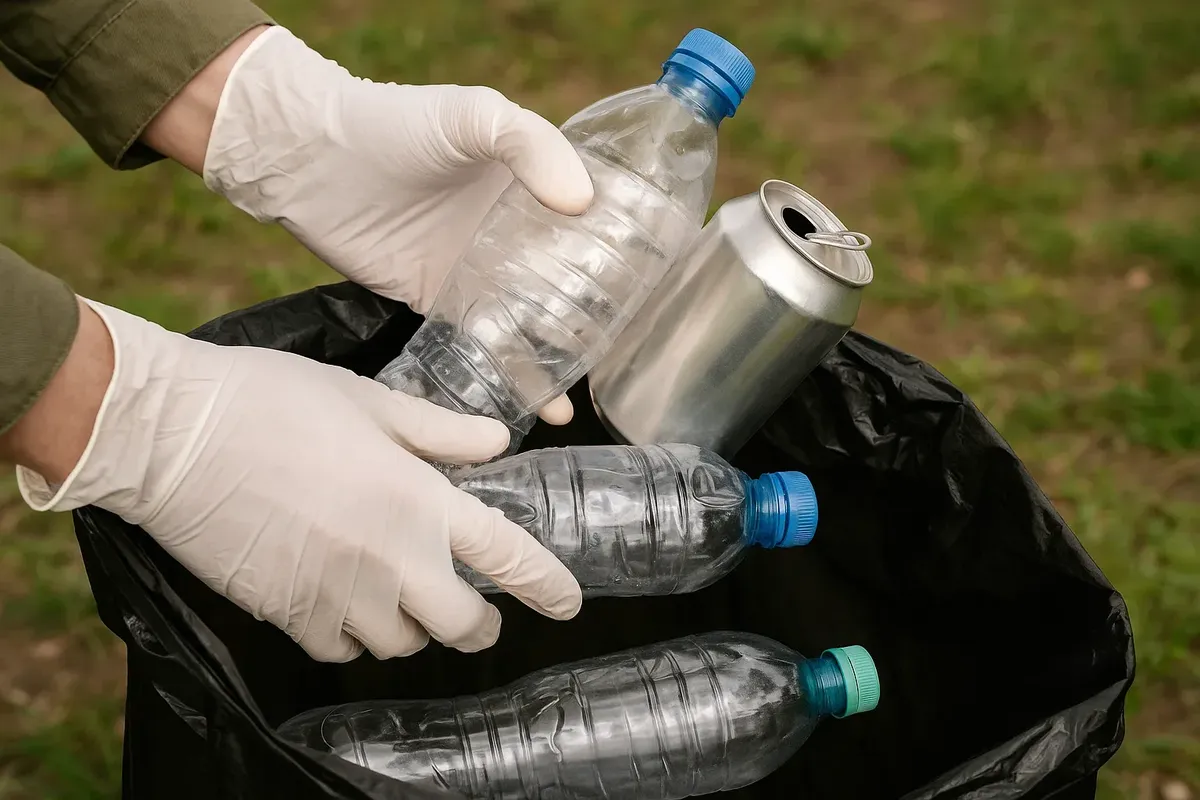 Protective gloves and trash collection during a clean-up hike in Norway