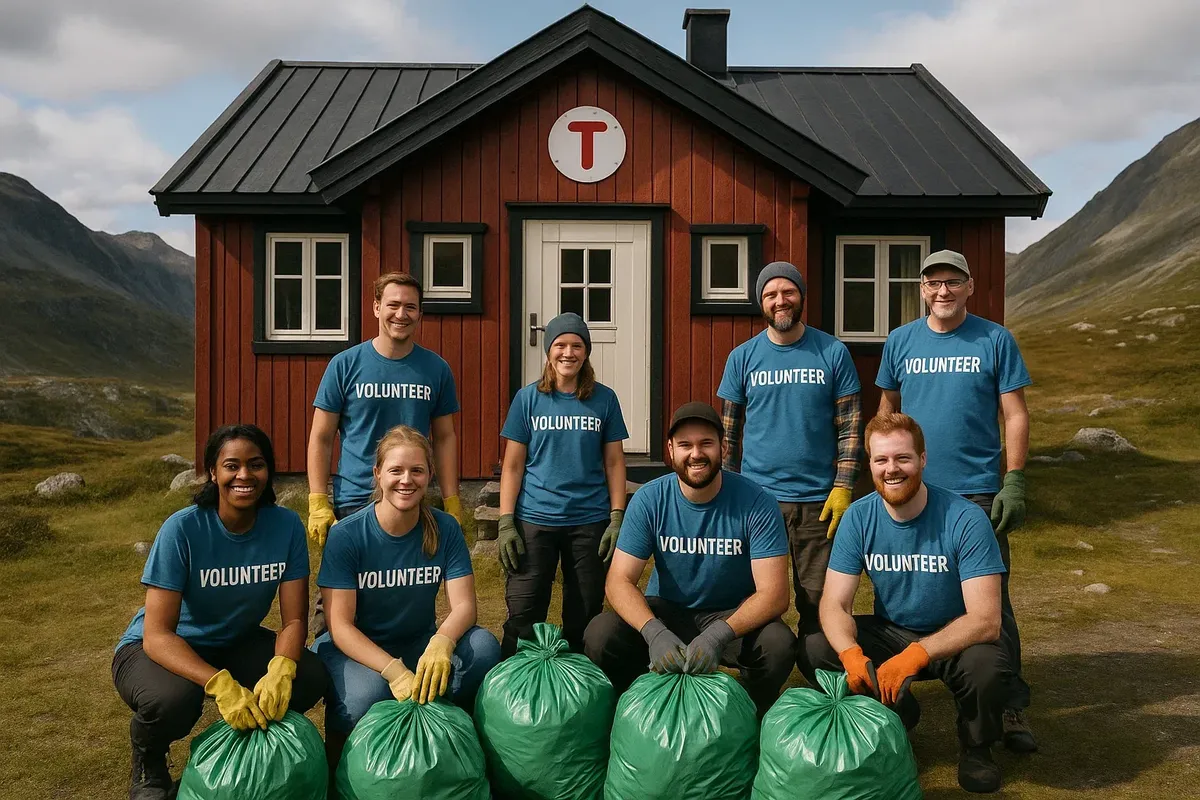 Smiling clean-up volunteers posing with collected litter bags near a Norwegian DNT mountain cabin