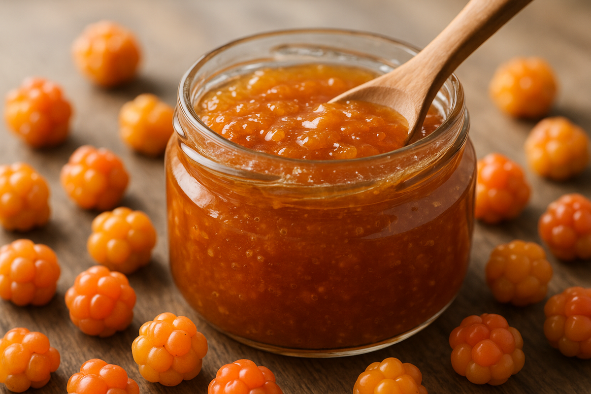 Golden cloudberry jam in a jar with fresh berries on rustic table.
