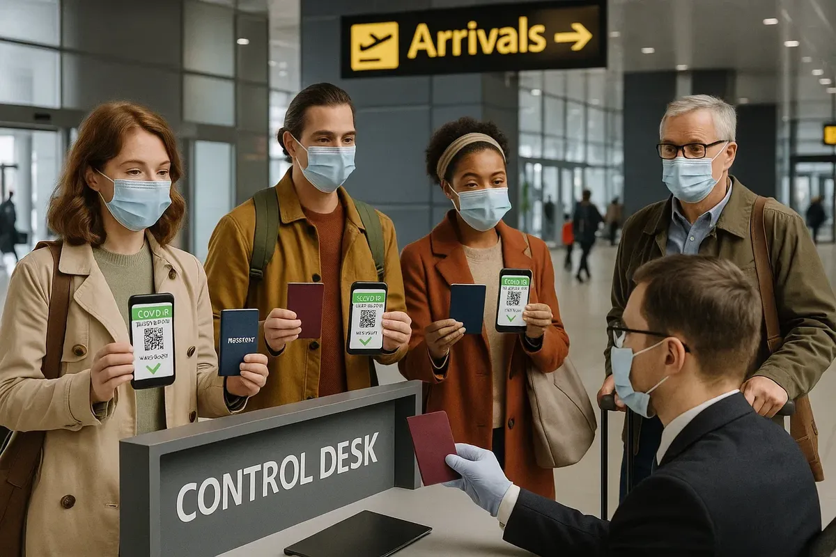 Travelers presenting COVID vaccination certificates and passports at an airport control point in Norway.