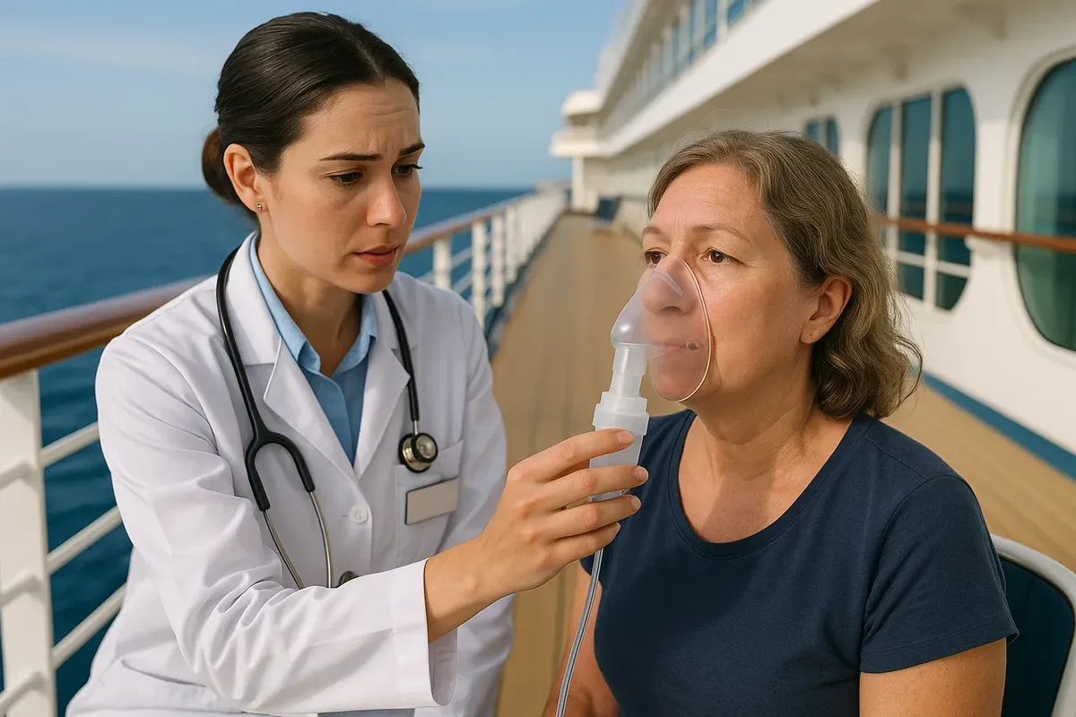 A doctor on a cruise ship in Norway treating a passenger’s asthma attack with a nebulizer.