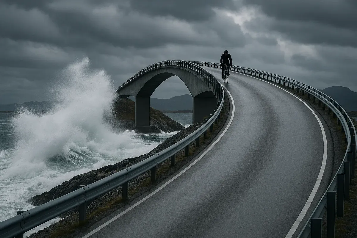 Cyclist riding across curved bridge on Atlantic Road in Norway with dramatic ocean waves and cloudy sky