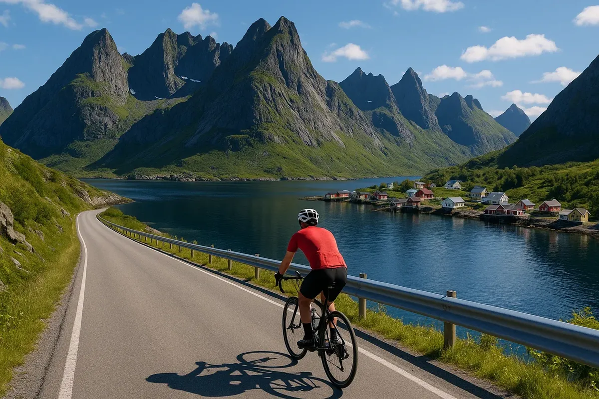 Cyclist on Lofoten Islands coastal road with dramatic peaks and fishing village in background on sunny summer day