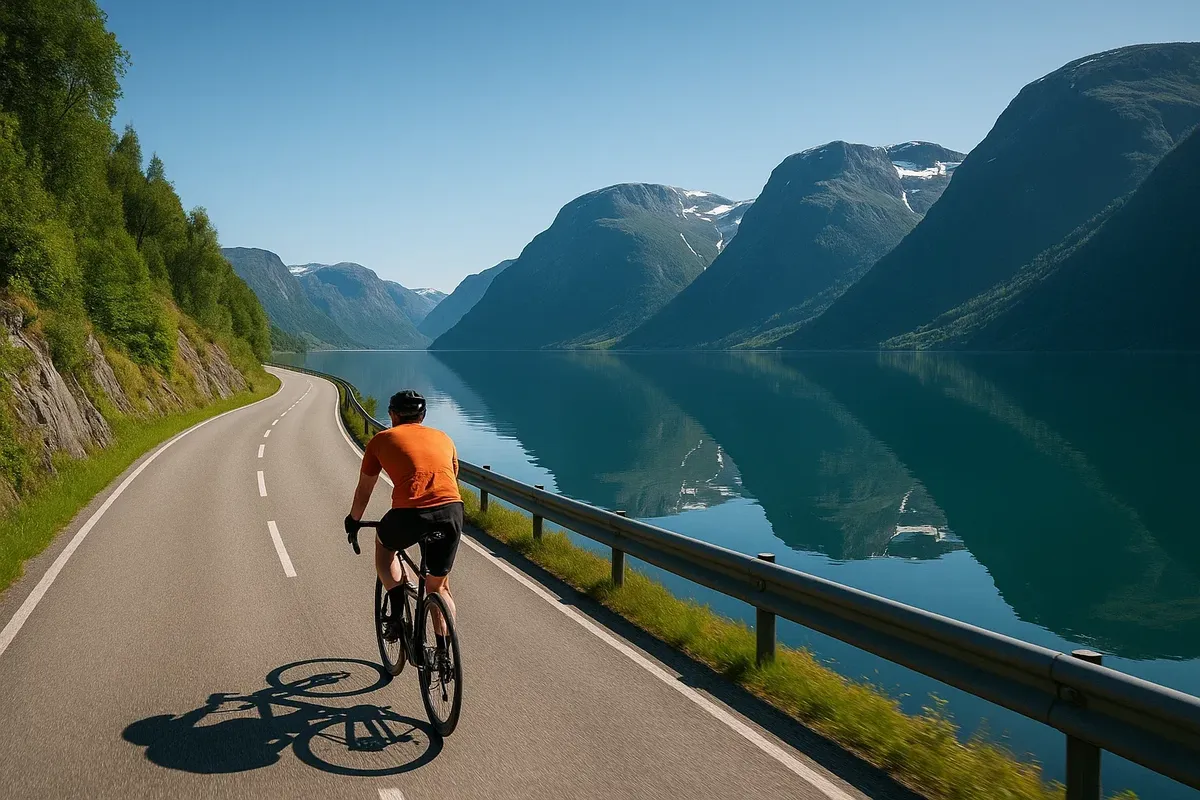Cyclist on scenic road along Sognefjord with mountains reflecting in calm water under clear sky