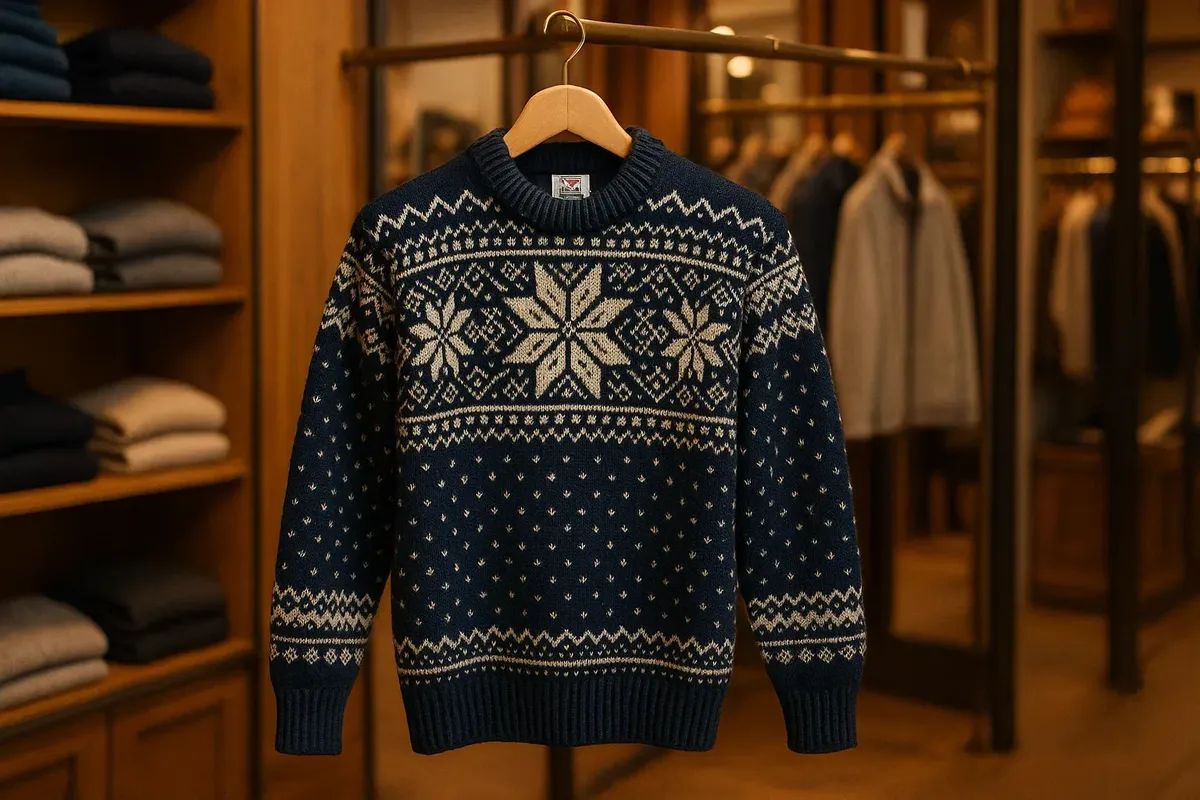 A traditional Dale of Norway wool sweater on display in a Norwegian boutique store.