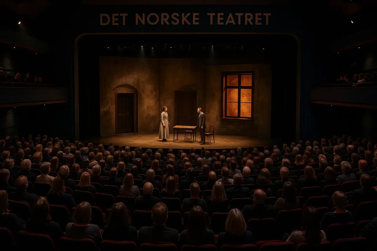 Interior of Det Norske Teatret in Oslo with audience watching a stage performance from the balcony.
