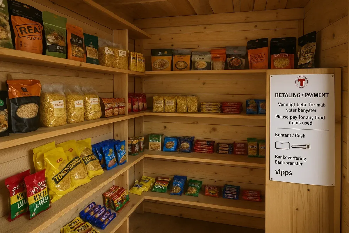 Inside a DNT self-service food store in Norway, showing supplies for hut-to-hut hikers