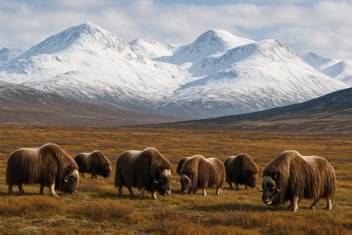 Group of wild musk oxen walking on open tundra with Dovrefjell mountains in the background, Norway