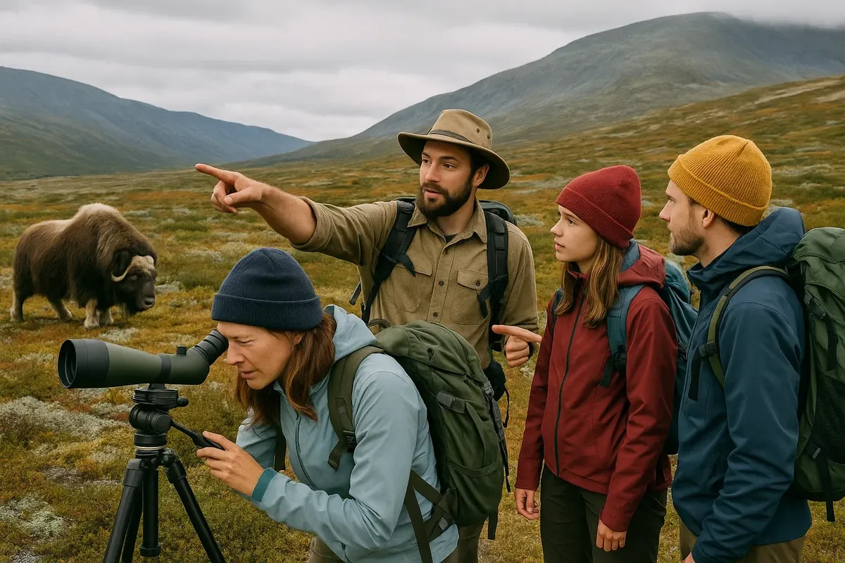 Guided wildlife hike in Dovrefjell with musk ox observation through a spotting scope