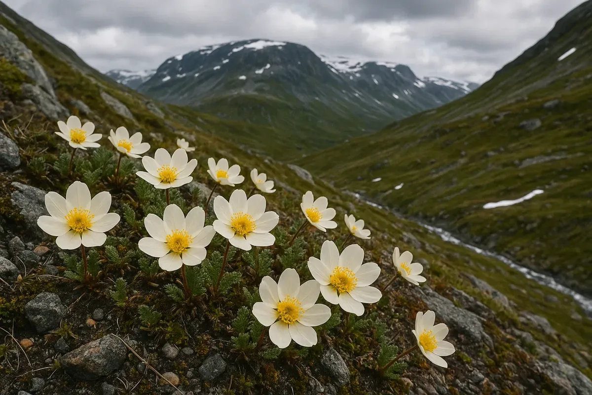 White mountain avens flowers covering alpine meadow in Hardangervidda, Norway, under summer sunlight