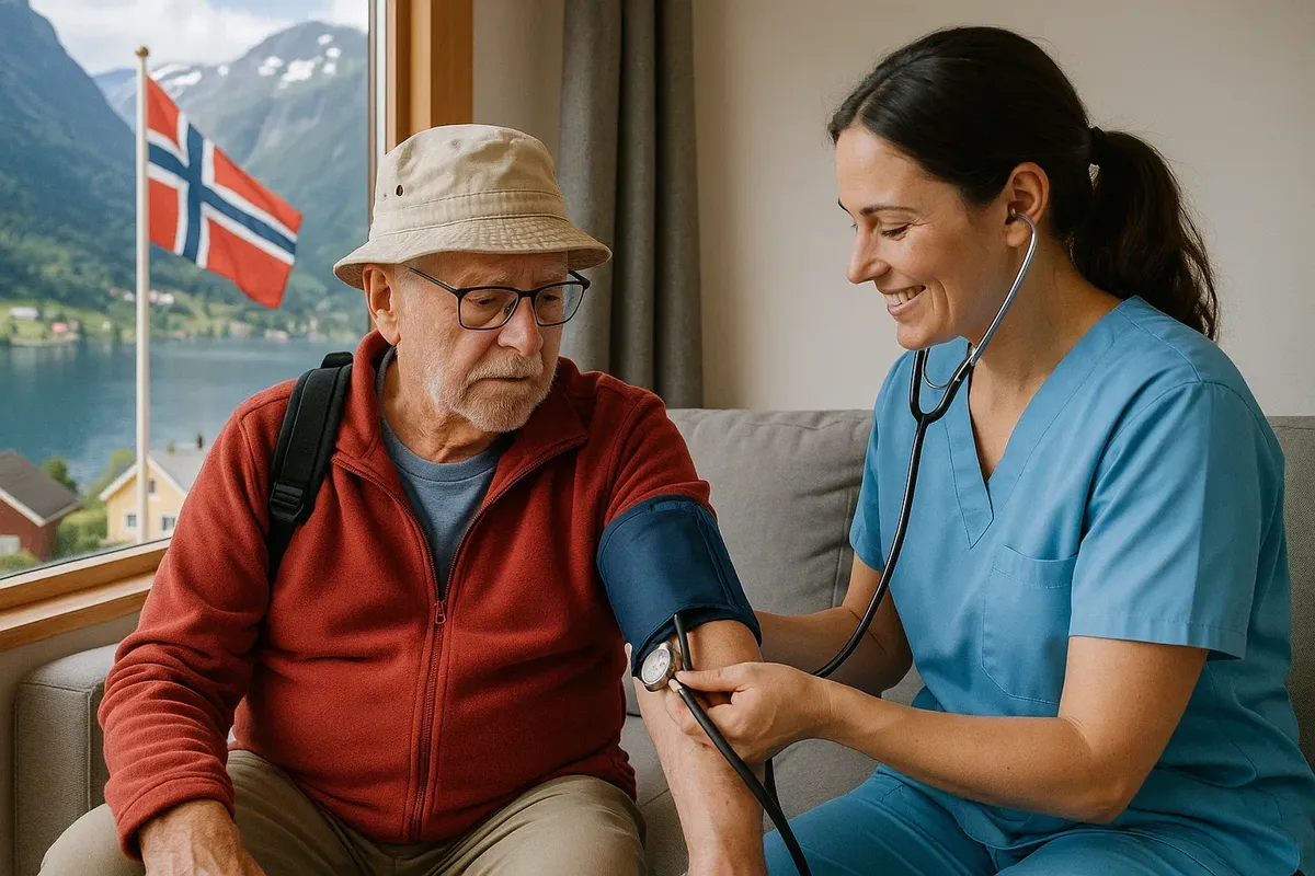An elderly traveler in Norway being assisted by a professional home nurse at their accommodation.