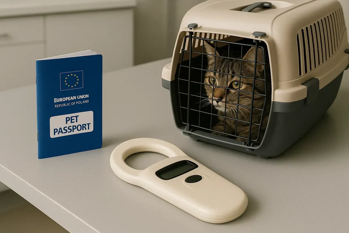 An EU Pet Passport with a pet microchip scanner and a cat carrier placed on a veterinary clinic table.