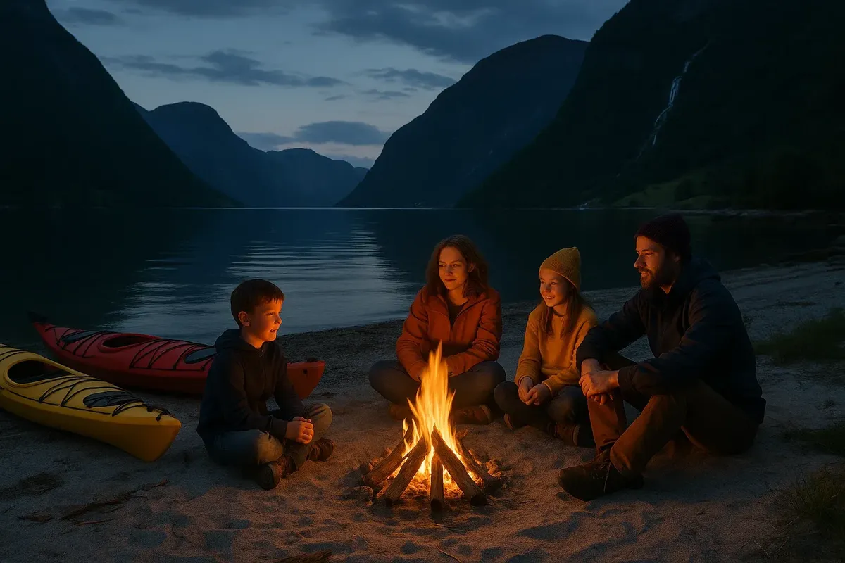 Family sitting around a campfire on a beach by a fjord with kayaks pulled onto the shore