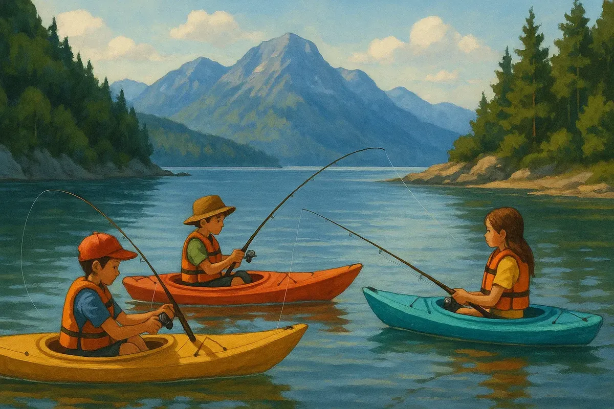 Kids fishing from stable family kayaks in a peaceful Norwegian cove surrounded by mountains