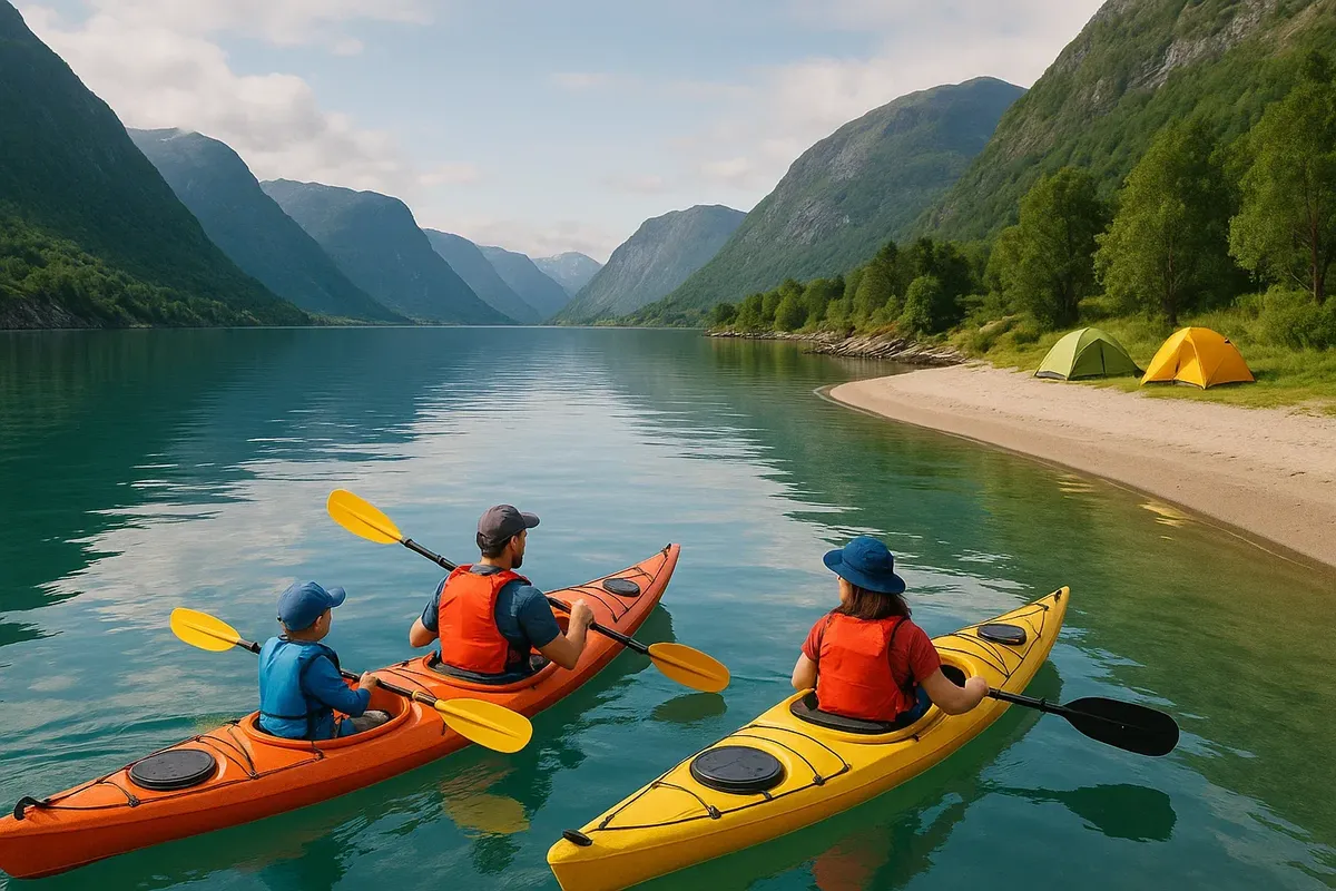 A family paddling kayaks on a calm fjord in Norway with a sandy beach campsite in the background