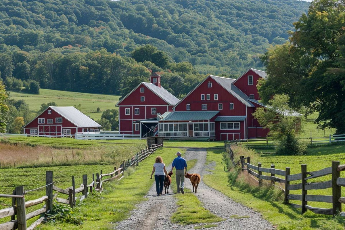 A couple with two calves walks toward a traditional red farmhouse surrounded by green hills.
