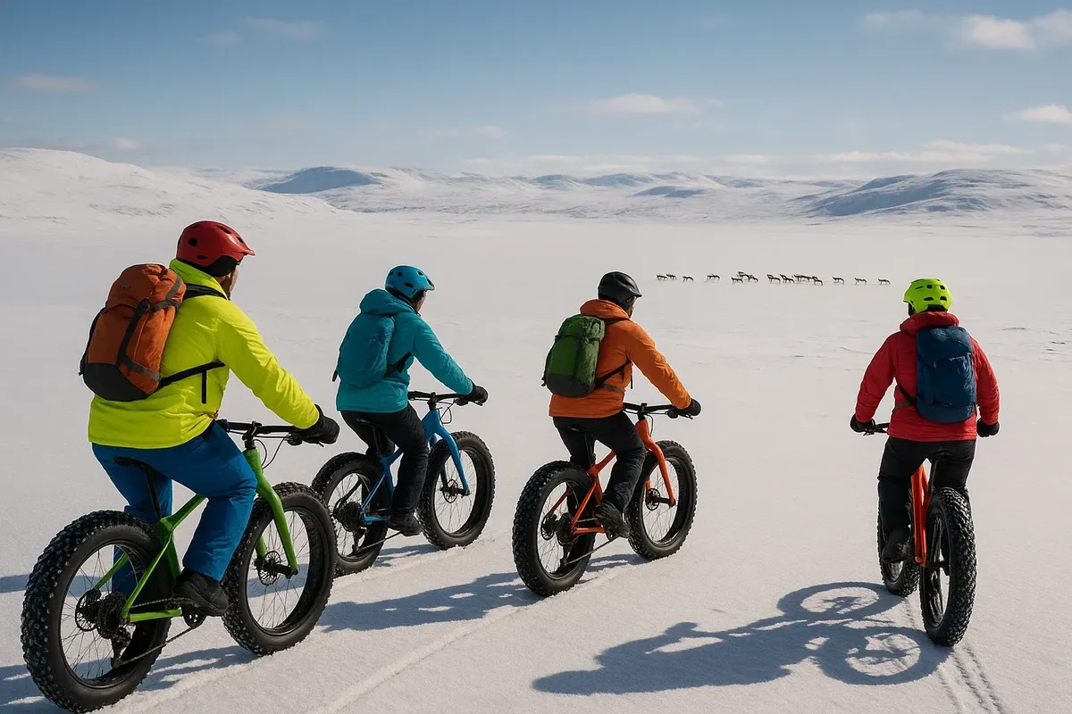 Fatbike group crossing snowy Hardangervidda plateau with wildlife in view