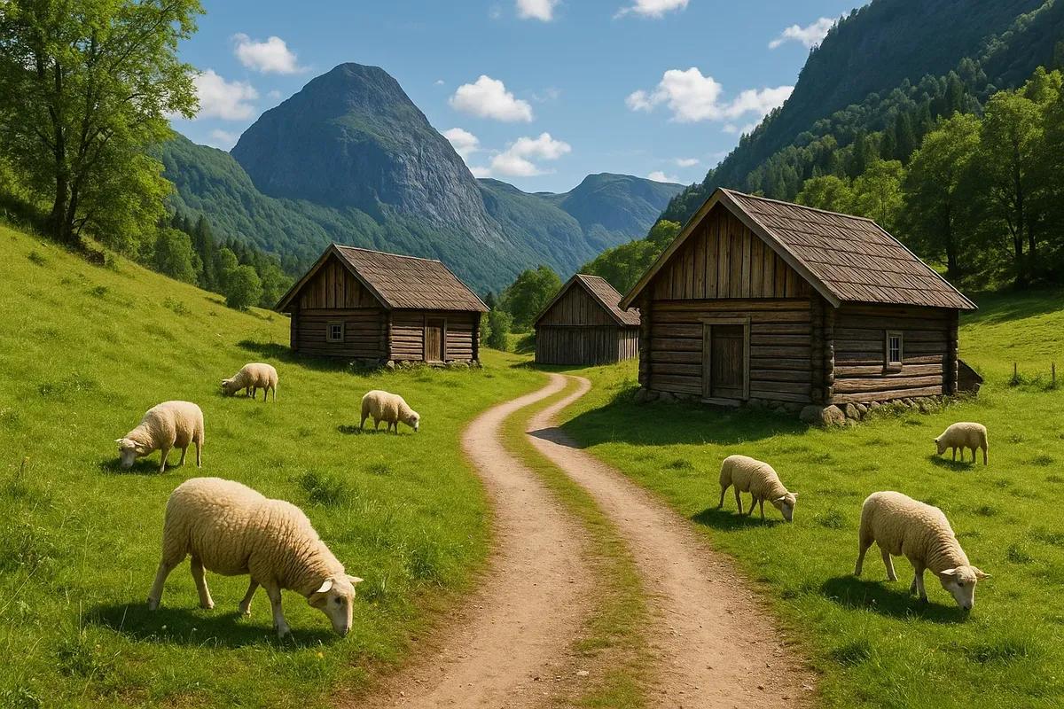 Historic trail with restored stabbur barns and grazing sheep in Femundsmarka