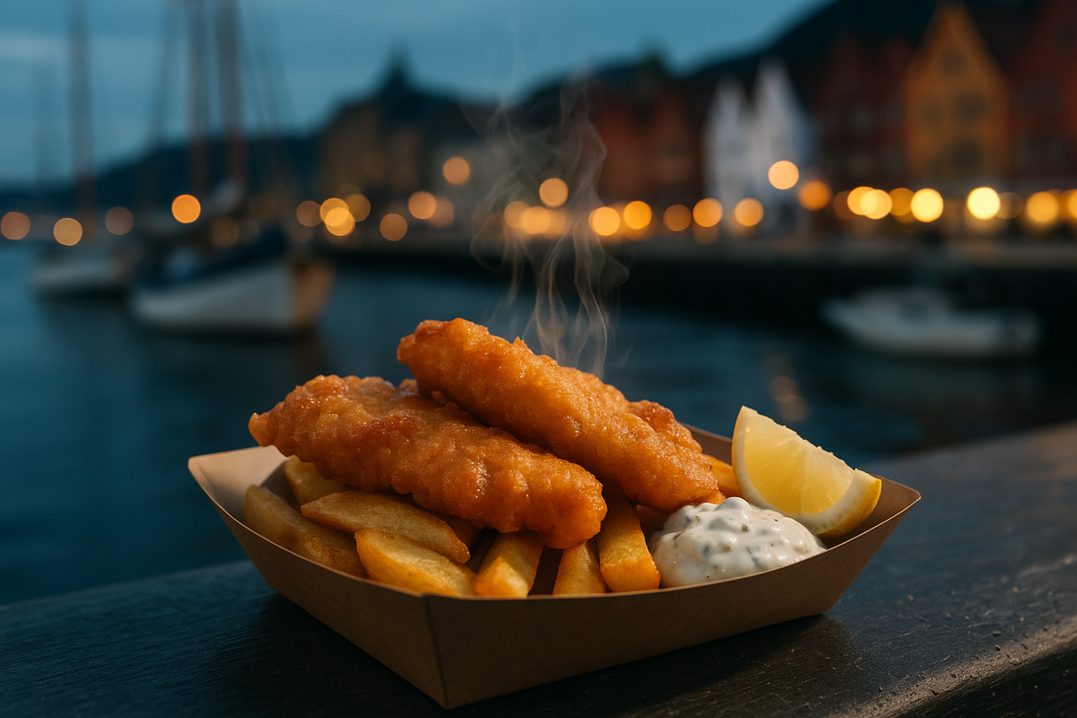Harbor-side fish & chips at a Norwegian street kiosk.
