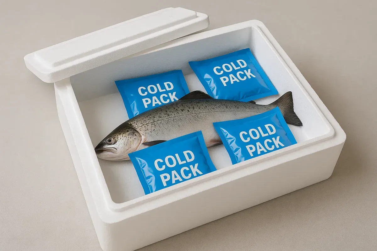 Styrofoam fish transport box with lid and cold packs ready for air travel