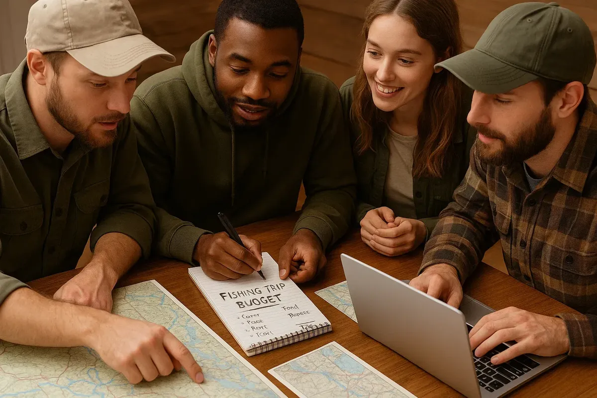 Group of friends calculating fishing trip budget with notepad, maps, and laptop