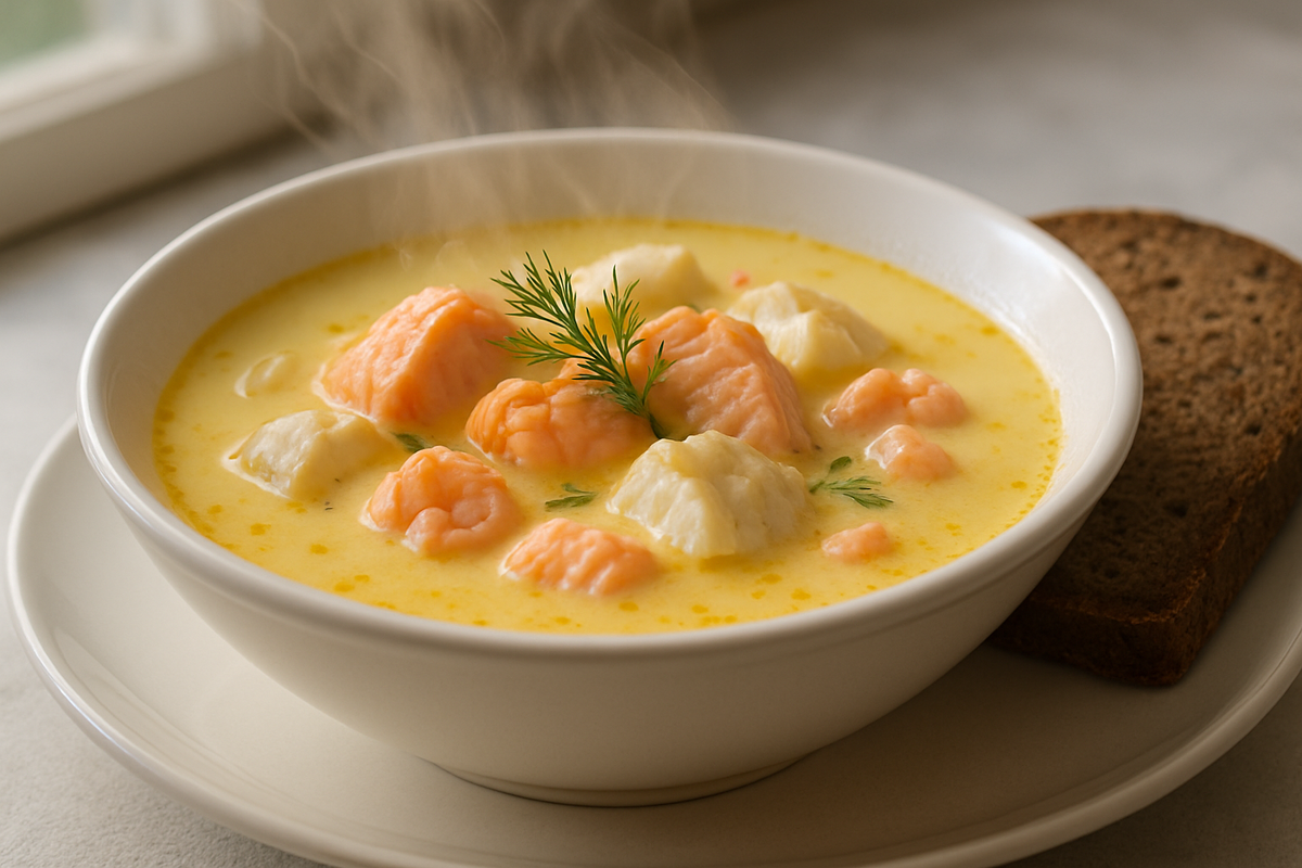 Inviting hero shot of classic Norwegian fiskesuppe: creamy saffron broth with salmon, cod and shrimp, fresh dill and rye bread in a cozy Nordic setting.