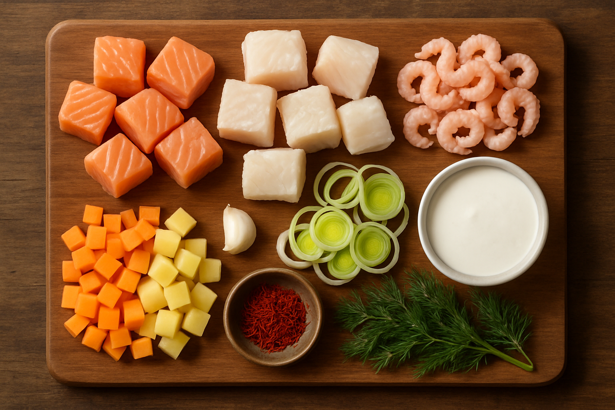 Clean overhead layout of key fiskesuppe ingredients—fish, vegetables, cream and saffron—ready to cook.
