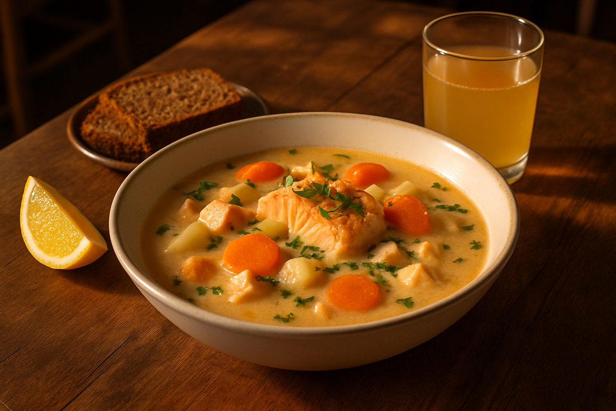 Cozy dine-in scene: a generous bowl of fiskesuppe with rye bread and apple must, capturing the feel of Oslo/Bergen seafood spots.