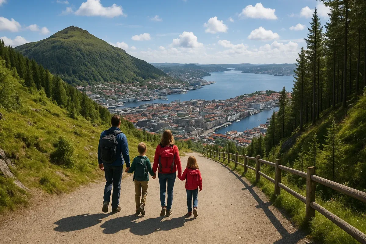 Family walking on wide trail to Mount Fløyen in Bergen with view of fjord and city below