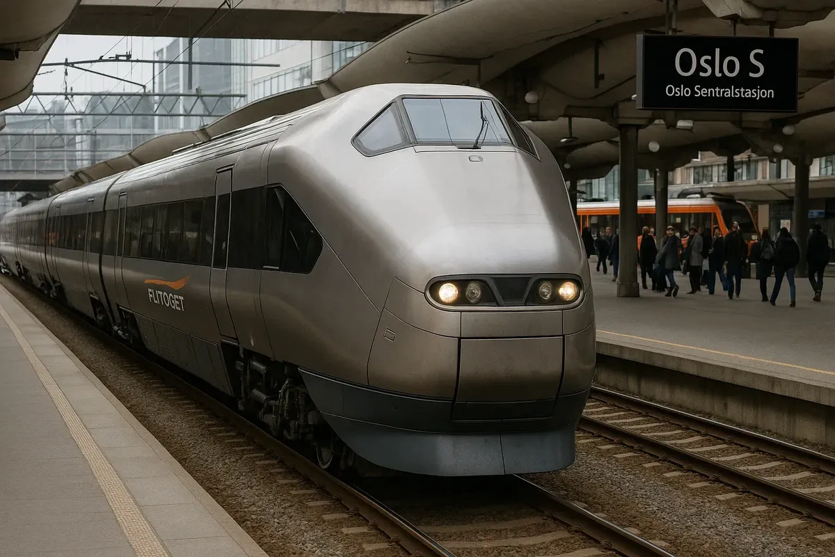 The Flytoget airport express train pulling into Oslo Central Station platform.