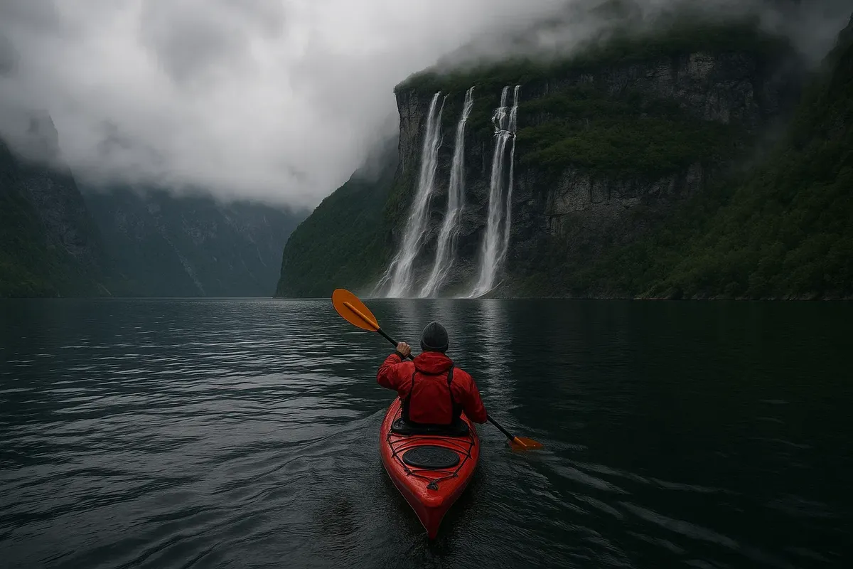 Kayaker paddling towards the Seven Sisters waterfall in Geirangerfjord with mist and steep cliffs in background