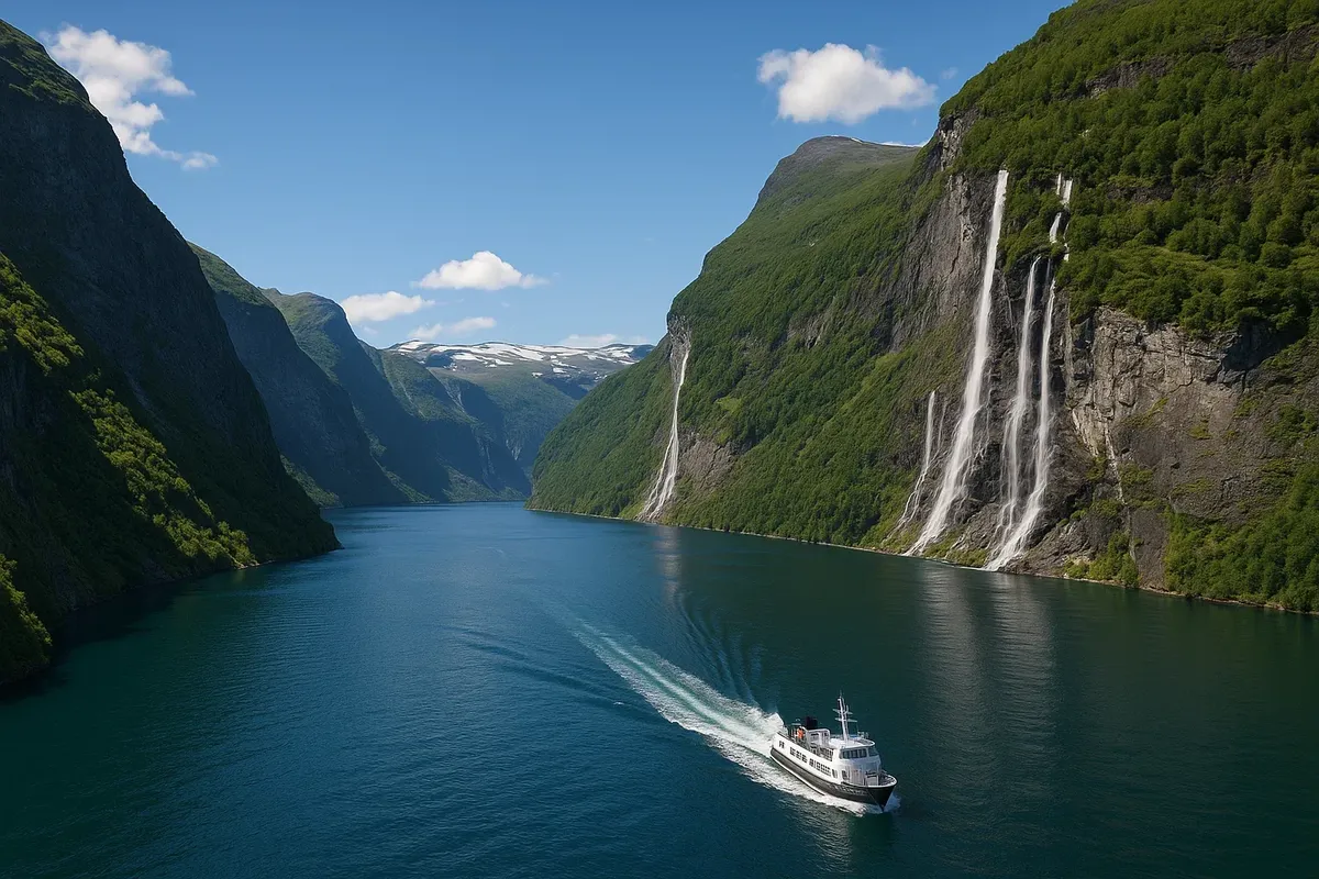 Geirangerfjord surrounded by dramatic cliffs and cascading waterfalls, with a tour boat sailing through the calm blue water.