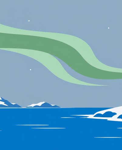 green northern lights waving above a snowy coast with a tiny lighthouse