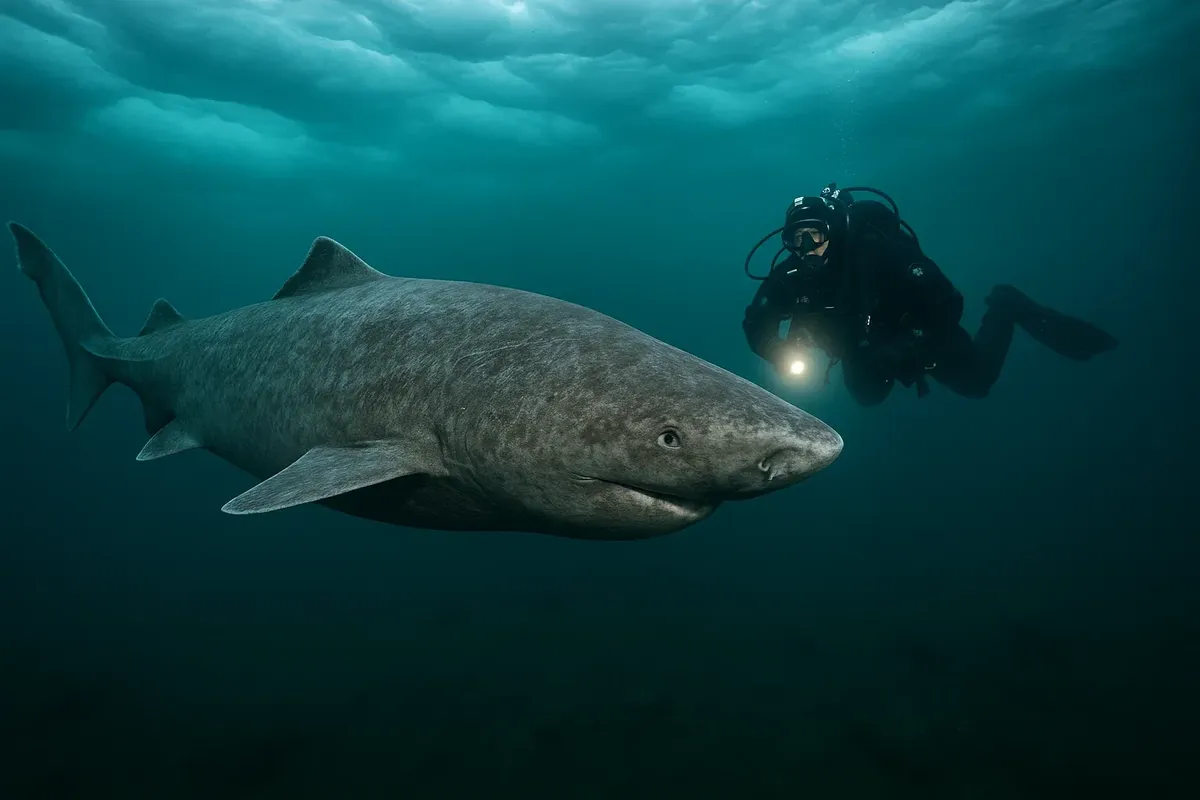 Rare Greenland shark in Arctic waters near a diver, symbolizing extreme wildlife encounters in Norway.