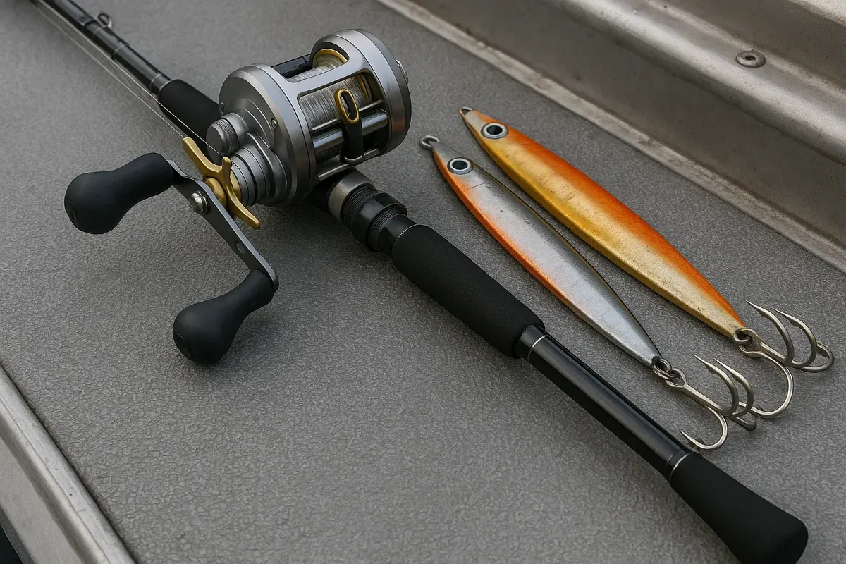 Heavy-duty jigging rod, reel, and large metal jigs prepared for halibut fishing, placed on a boat deck