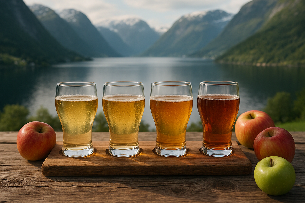 Hardanger cider flight with apples by the fjord, soft natural light.