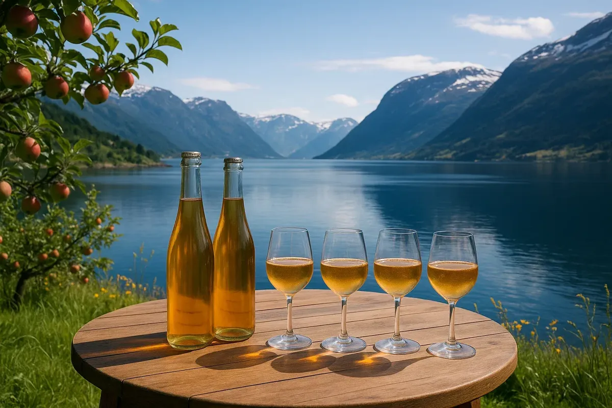 Outdoor cider tasting experience by Hardanger fjord, with bottles of Norwegian cider, tasting glasses, and mountain scenery