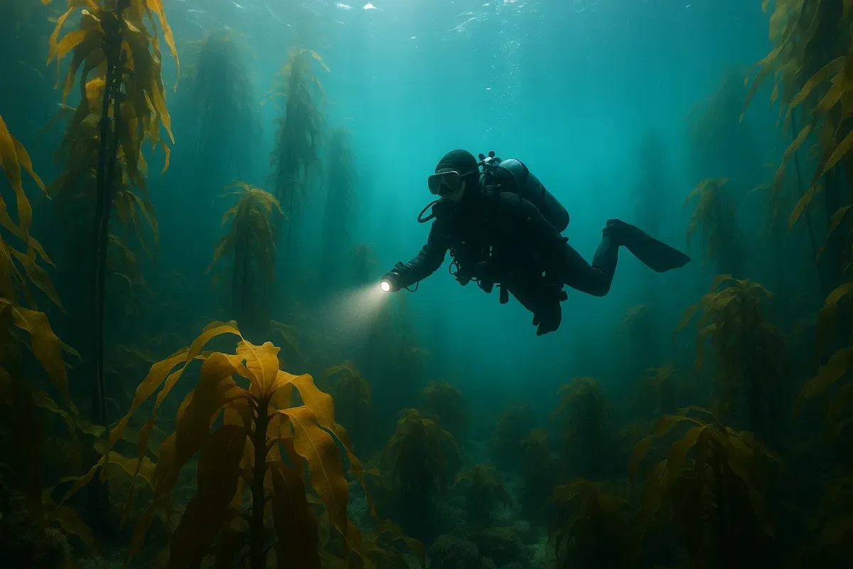 Scuba diver swimming through lush kelp forest with fish in clear cold water of Hardangerfjord