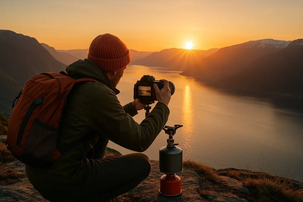 Using camping stove as stabilizer for sunrise fjord photography