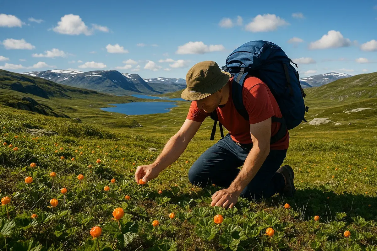 Cloudberry picking in Hardangervidda during summer hike